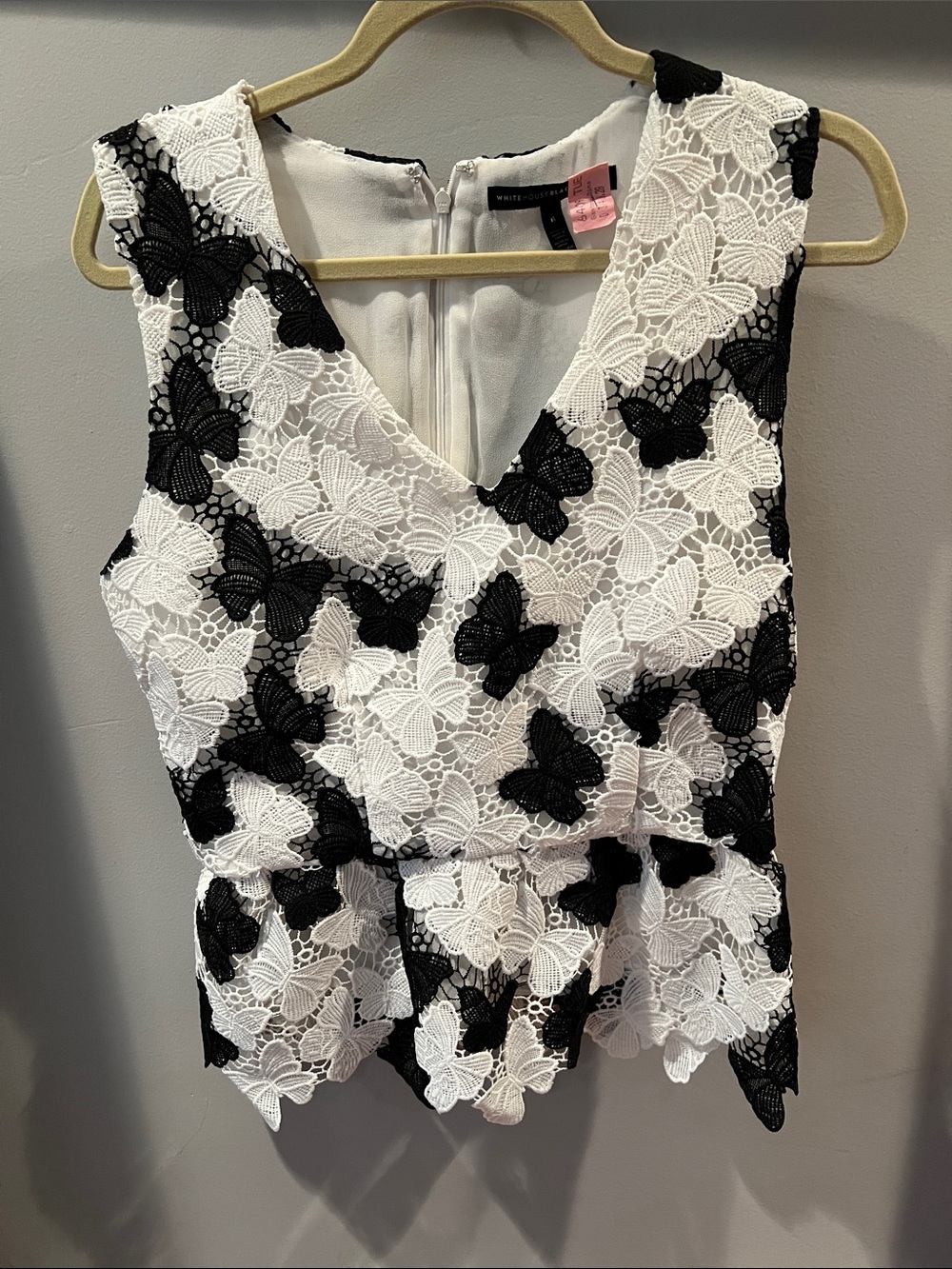 White House Black Market Black & White Lace Butterfly Peplum Top